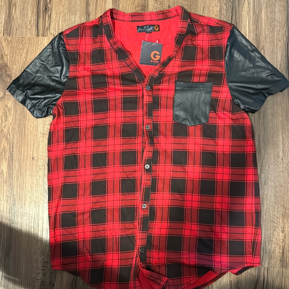 Men plaid shirt faux leather